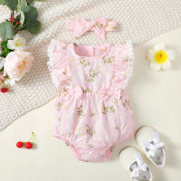 2-piece Baby Girl Allover Floral Pattern Ruffled Bowknot Decor Sleeveless Romper & Headwrap  Pink