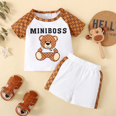 Baby Boy Cute Bear Letter Star Pattern Color-Block T-Shirt & Shorts