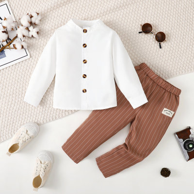 2-piece Toddler Boy Solid Color Stand Up Collar Long Sleeve Shirt & Matching Suspender Pants