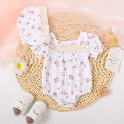 2-piece Baby Girl Allover Floral Printed Square Neck Short Sleeve Romper & Matching Infant Hat