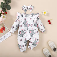 2-piece Baby Girl Ruffled Elephant Printed Button Front Long-sleeved Long-leg Romper & Matching Bowknot Decor Headwrap  White