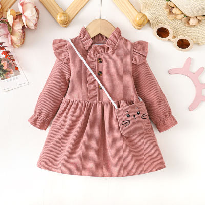 Baby Girl 2 Pieces Solid Color Ruffle Decor Long Sleeve Dress & Cat Embroidered Bag