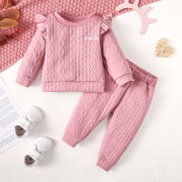 Baby Girl 2 Pieces Solid Color Textured Decorative Pattern Sweater & Pants for Autumn Winter  Pink