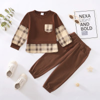 Toddler Boys Plaid Color-block Patchwork T-shirt Set Top & Pants  Brown
