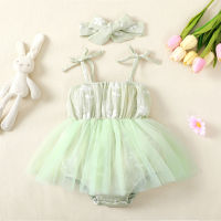 Baby Girl Cute Floral Pattern Lace Mesh Bodysuit With Headband  Light Green