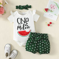 Baby Girl Watermelon Babysuit y diadema y Shorts de lunares  Verde