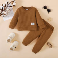 Baby Boy 2 Pieces Solid Color Letter Pattern Sweater & Pants  Brown