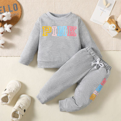 Bebé niña 2 piezas suéter y pantalones con estampado de letras de color sólido