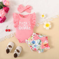 3-piece Baby Girl Ruffled Letter Printed Sleeveless Top & Allover Printing Bowknot Decor Shorts & Headwrap  Pink