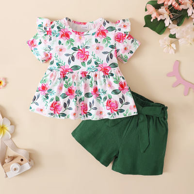 Small floral short flying sleeve suit
