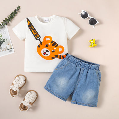 2-piece Toddler Boy Cartoon Tiger Printed Short Sleeve T-shirt & Denim Shorts