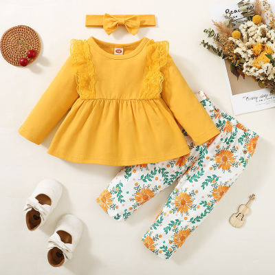 3-piece Baby Girl Solid Color Ruffled Lace Spliced Long Sleeve Top & Allover Floral Pants & Bowknot Headwrap