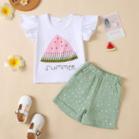 2-piece Toddler Girl Pure Cotton Letter and Watermelon Printed Ruffled Sleeve T-shirt & Polka Dotted Shorts  Light Green
