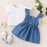 Short-sleeved T-shirt and denim overalls two-piece set  White