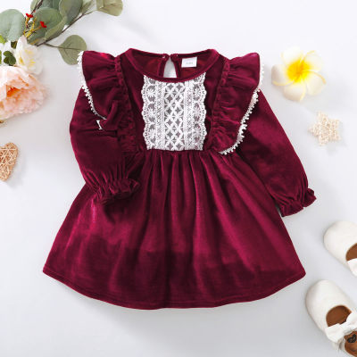 Baby Girl Solid Color Ruffled Lace Spliced Lantern Sleeve Umbrella Dress
