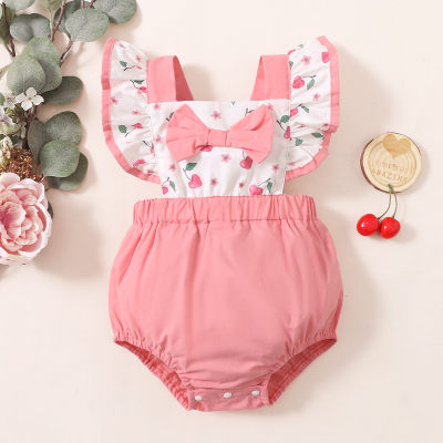 Baby Girl Color-block Ruffle-sleeve Floral Cherry Pattern Bow-knot Bodysuit