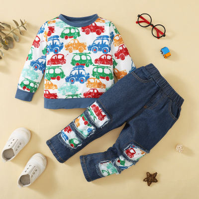Toddler Vehicle Printed Color-block Long-sleeve T-Shirt & Pants