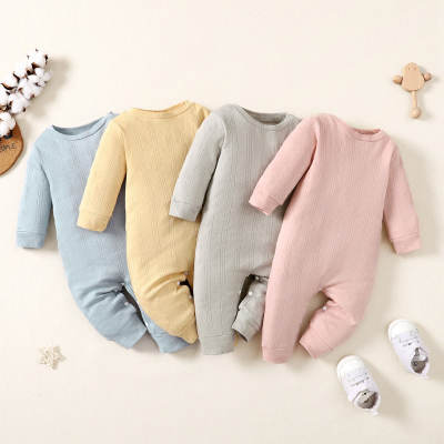 Baby Solid Color Round neck Long-sleeved Long-leg Romper