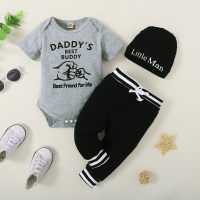 Baby Boy Letter Pattern Short Sleeve Bodysuit & Laced Pants With Hat  Gray