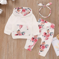 Set di 3 pezzi con cappuccio floreale, pantaloni e cerchietto  bianca
