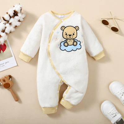 Baby Boy Color-block Bear Embroidered Button Front V-neck Long-sleeved Long-leg Plush Romper