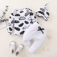 Baby Cloud Printed Sweatshirt & Laced Trousers With Hat  White