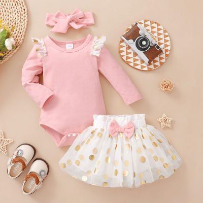 3-piece Baby Girl Solid Color Mesh Patchwork Long Sleeve Romper & Polka Dotted Bowknot Decor Mesh Skirt & Bowknot Headwrap