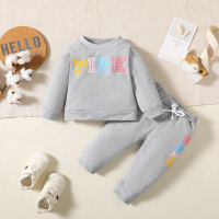 Baby Girl 2 Pieces Solid Color Letter Pattern Sweater & Pants  Gray