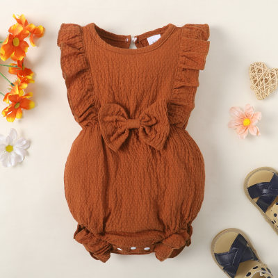 Baby Girl Sweet Solid Color Bow-knot Ruffle-sleeve Bodysuit