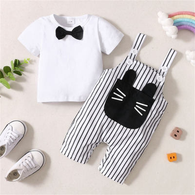 Short-sleeved T-shirt and cat striped overalls two-piece set