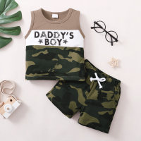 2-piece Toddler Boy Camouflage Patchwork Letter Printed Vest & Matching Shorts  Army Green