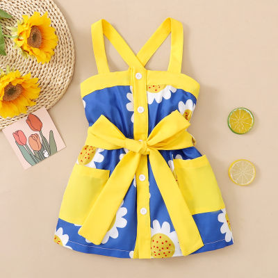 Toddler Girls Elegant Sunflower Bowknot Decor Suspender Skirt