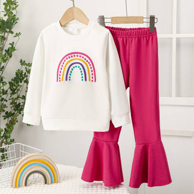 2 piezas para niña pequeña con top estampado de color liso y pantalones acampanados de color liso