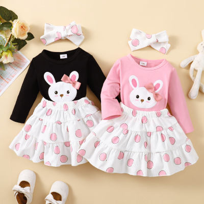 Camiseta con estampado de conejo para bebé, faldas de lunares y diadema con decoración de lazo