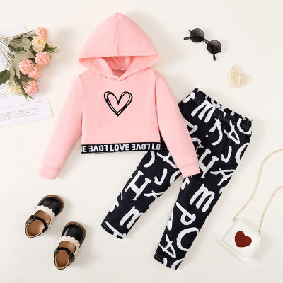 2-piece Toddler Girl Letter and Heart Printed Hoodie & Allover Printed Pants