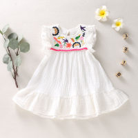 Toddler Girls Sweet Solid Color Embroidery Ruffled Sleeve Dress  White