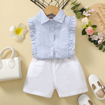 Toddler Girls Stripes Shirt Collar Cute Top & Shorts