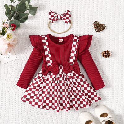 Baby Girl 2 Pieces Solid Color Plaid Bow-knot Decor Long Sleeve Dress & Headband