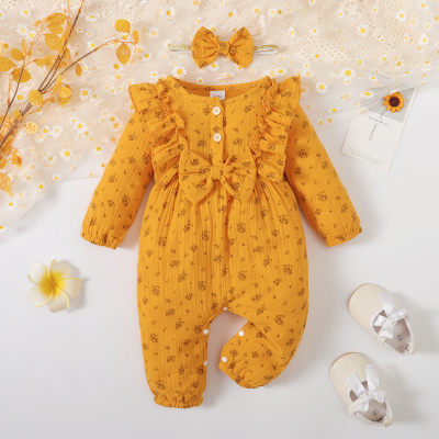 Baby Girl 2 Pieces Floral Bow-knot Decor Long-sleeved Jumpsuit & Headband