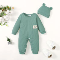 Baby Boy Solid Color Letter Applique Decor Jumpsuit & Hat  Light Green
