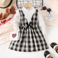 Toddler Girl Plaid Patchwork Bowknort Decor Stand Up Collar Long Sleeve Dress  White