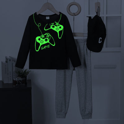 Camiseta de manga comprida com estampa de gamepad brilhante para criança menino de 2 peças e calças de cor sólida