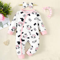 Baby Girl 2 Pieces Cute Cattle Milk Graphics Jumpsuit & Headband For Autumn Spring  White