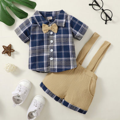 Baby Boy Gentleman Plaid Pattern Bow-knot Shirt & Suspender Shorts