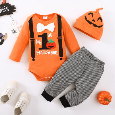 Baby Halloween Letter Printed Bowknot Decor Jumpsuit & Pants With Hat