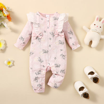 Baby Girl 100% Cotton Floral Ruffled Bowknot Decor Button Front Long-sleeved Long-leg Romper