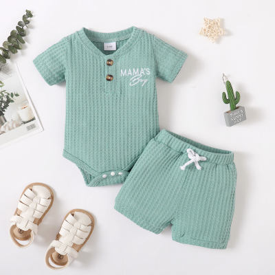 2-piece Baby Boy Solid Color Letter Pattern Short Sleeve Romper & Matching Shorts