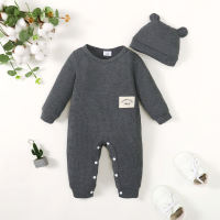 Baby Boy Solid Color Letter Applique Decor Jumpsuit & Hat  Deep Gray