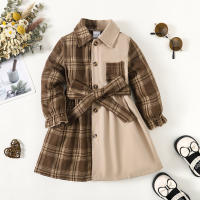 2-piece Toddler Girl Plaid Patchwork Button Up Shirt Dress & Plaid Belt  Brown