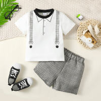 2-piece Toddler Boy Plaid Patchwork Short Sleeve T-shirt & Plaid Shorts  White